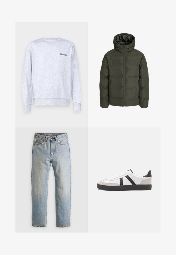 Olivenfarvet pufferjakke med hætte, der har en frontlynlås, kviltet design og elastiske manchetter. Glat stof med isolation.; Grå sweatshirt lavet af bomuldsblanding, med rund halsudskæring, der har en lille sort "Club1990" tekst på venstre brystområde.; Lysblå denim jeans med høj talje, frontknap, lynlås og fem-lomme design, lagt fladt på en neutral baggrund.; Hvide sneakers med sorte og grå detaljer, med en tekstureret grå tåhætte, sort gummisål og flade hvide snørebånd. Rent design, minimalistisk stil.