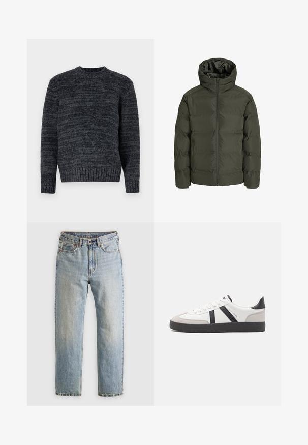 Olijfgroene pufferjack met een capuchon, voorzien van een rits aan de voorkant, een quilted ontwerp en elastische manchetten. Glad materiaal met isolatie.; Donkergrijs gebreid sweater met een ronde halslijn, lange mouwen en geribbelde manchetten. Kenmerkt zich door een gestructureerd patroon over het geheel.; Lichtblauwe denim jeans met hoge taille, frontknop, rits en vijfzakkenontwerp, plat gelegd op een neutrale achtergrond.; Witte sneaker met zwarte en grijze accenten, voorzien van een grijze neus met textuur, zwarte rubberen zool en platte witte veters. Schoon ontwerp, minimalistische stijl.