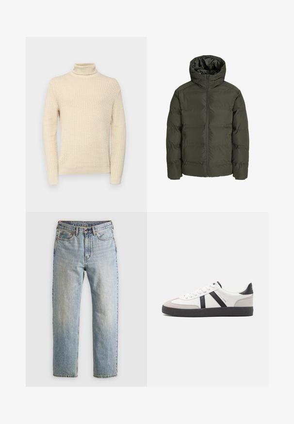Olive green puffer jacket with a hood, featuring a front zipper, quilted design, and elastic cuffs. Smooth fabric with insulation.; Cream-colored turtleneck sweater with a textured knit pattern, featuring long sleeves and ribbed cuffs and hem.; Light blue denim jeans with high waist, front button, zipper, and five-pocket design, laid flat on a neutral background.; White sneaker with black and gray accents, featuring a textured gray toe cap, black rubber sole, and flat white laces. Clean design, minimalist style.