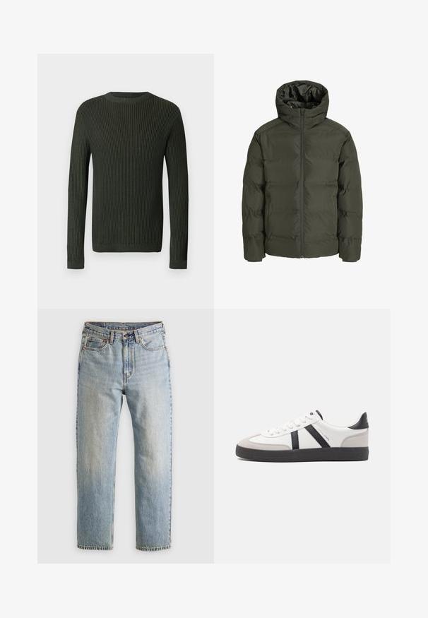 Olijfgroene pufferjack met een capuchon, voorzien van een rits aan de voorkant, een quilted ontwerp en elastische manchetten. Glad materiaal met isolatie.; Donkergroene geribde lange mouwen crewneck trui met een lichtjes gestructureerd breipatroon op een lichte achtergrond.; Lichtblauwe denim jeans met hoge taille, frontknop, rits en vijfzakkenontwerp, plat gelegd op een neutrale achtergrond.; Witte sneaker met zwarte en grijze accenten, voorzien van een grijze neus met textuur, zwarte rubberen zool en platte witte veters. Schoon ontwerp, minimalistische stijl.