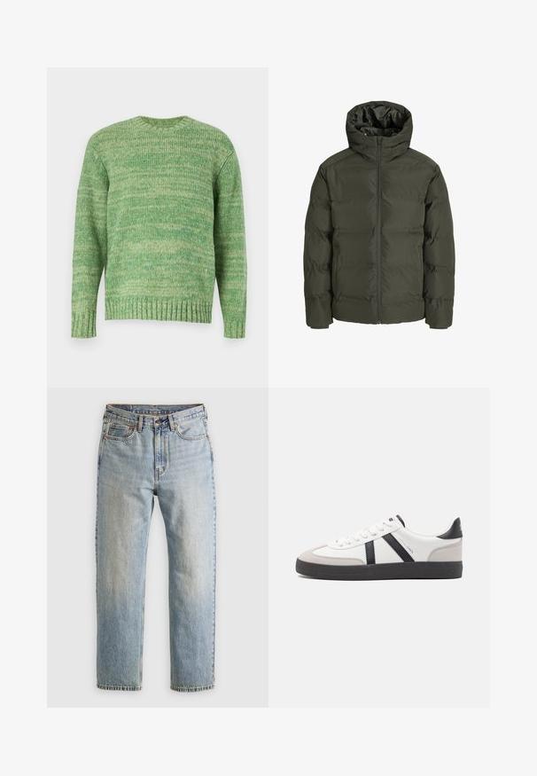 Veste en duvet vert olive avec capuche, dotée d'une fermeture éclair à l'avant, d'un design matelassé et de poignets élastiques. Tissu doux avec isolation.; Jack & Jones JORWINTER SPACE - Pullover - lima bean green; Jean en denim bleu clair à taille haute, avec bouton avant, fermeture éclair et design à cinq poches, posé à plat sur un fond neutre.; Baskets blanches avec des accents noirs et gris, présentant un embout texturé gris, une semelle en caoutchouc noir et des lacets plats blancs. Design épuré, style minimaliste.
