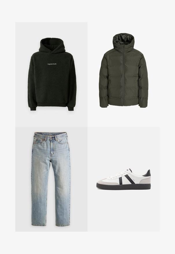 Olive green puffer jacket with a hood, featuring a front zipper, quilted design, and elastic cuffs. Smooth fabric with insulation.; Black fleece hoodie with a textured finish, featuring a front kangaroo pocket and a logo at the chest. Hooded design with elastic cuffs.; Light blue denim jeans with high waist, front button, zipper, and five-pocket design, laid flat on a neutral background.; White sneaker with black and gray accents, featuring a textured gray toe cap, black rubber sole, and flat white laces. Clean design, minimalist style.