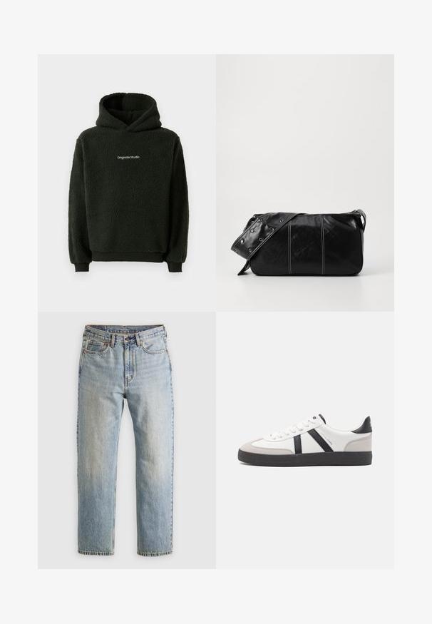 Olive roheline pusa jakkk, millel on kapuuts, esiküljel tõmblukk, vatitud disain ja elastsed mansetid. Sile kangas koos soojustusega.; Must mustraama kapuutsiga must fliisijope, millel on tekstureeritud viimistlus, ees kangaroo-tasku ja rinnal logo. Kapuutsiga disain elastsete mansettidega.; Heledad hele sinine teksapükste kõrge vöökoht, ees nupuga, lukuga ja viie taskuga disain, asetatud tasasele neutraalsele taustale.; Valged tossud mustade ja hallide aktsentidega, tekstureeritud halli varbakattega, musta kummitald ja lamedad valged paelad. Puhtad jooned, minimalistlik stiil.; Must mustra nahkainine õlakott, millel on tõmblukk, tekstureeritud pind, valged õmblused ja rihm hõbedaste rõngastega.