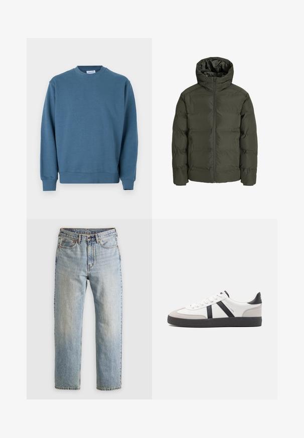 Veste en duvet vert olive avec capuche, dotée d'une fermeture éclair à l'avant, d'un design matelassé et de poignets élastiques. Tissu doux avec isolation.; Sweatshirt en coton bleu avec un col rond, des poignets côtelés et un ourlet droit. Présente une texture lisse et une coupe décontractée.; Jean en denim bleu clair à taille haute, avec bouton avant, fermeture éclair et design à cinq poches, posé à plat sur un fond neutre.; Baskets blanches avec des accents noirs et gris, présentant un embout texturé gris, une semelle en caoutchouc noir et des lacets plats blancs. Design épuré, style minimaliste.