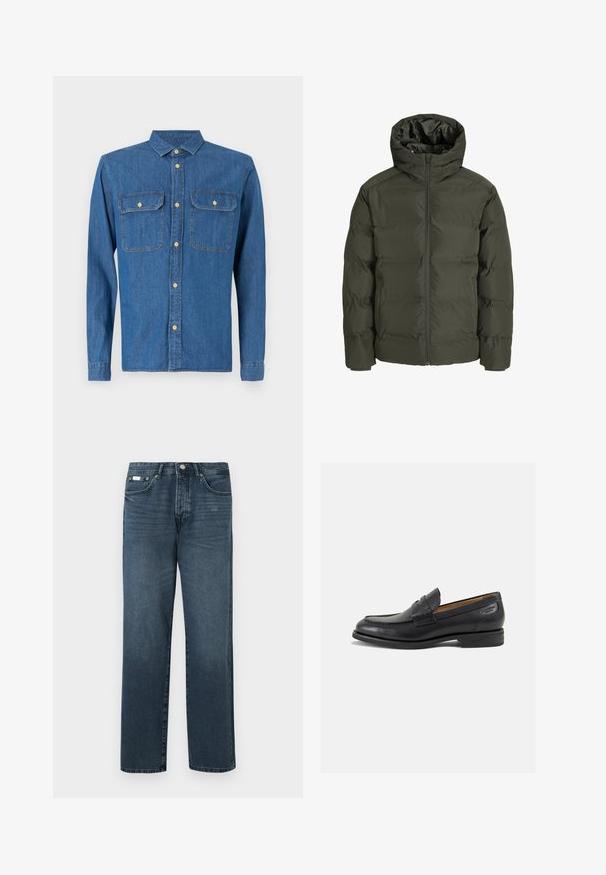 Olivi vihreä puhvitakki hupulla, jossa on edessä vetoketju, tikattu muotoilu ja joustavat hihansuut. Sujuva kangas eristyksellä.; Tummansinisestä denimpaitasta, pitkät hihat, napitetut hihat, terävä kaulus, kaksi rintataskua ja etupuolella nappikiinnitys kultaisilla yksityiskohdilla.; Tummansiniset farkut suoralla istuvuudella, viisi taskua, vyölenkit ja vetoketjuluukku. Sileä pinta, jossa on hienovaraisia kulumisia.; Mustat nahkaloaferit, joissa on sileä pinta, pyöreä varvas ja koristeompeleet varpaansuojassa. Matala pinottu korko ja hieno kiilto.