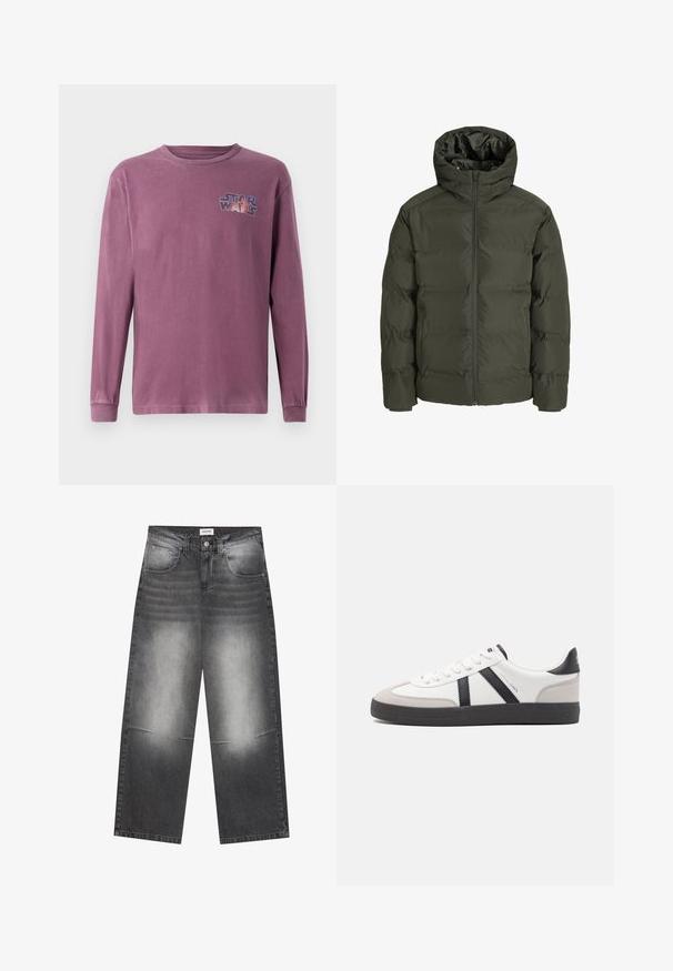 Olivgrüne Steppjacke mit Kapuze, ausgestattet mit einem Reißverschluss an der Front, gestepptem Design und elastischen Bündchen. Glatte Stoffoberfläche mit Isolierung.; Langärmliges T-Shirt mit Rundhalsausschnitt aus verblasstem lila Baumwollstoff, mit einem bunten "Star Wars"-Logo auf der linken Brust.; Schwarze Jeans mit weitem Bein aus Denim mit einem verblassten grauen Finish, ausgestattet mit Fronttaschen, einem Knopfverschluss und leichten Abnutzungserscheinungen an den Knien.; Weiße Sneaker mit schwarz- und grau-aczenten, ausgestattet mit einer strukturierten grauen Zehenkappe, schwarzer Gummi-Sohle und flachen weißen Schnürsenkeln. Sauberes Design, minimalistische Stil.