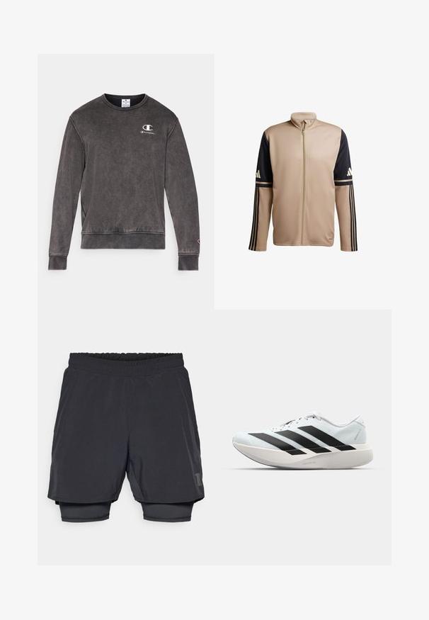 Bež zip-jakna za sport s crnim rukavima i tri crne pruge na svakoj ruci. Glatka tekstura s visokim ovratnikom. Sadrži Adidas logo.; Tamno siva dukserica od mješavine pamuka, s okruglim dekolteom, rebrastim manžetama i malim vezanim logotipom na prsima.; Crne atletske kratke hlače s elastičnim pojasom, slojevitim dizajnom i uskim unutrašnjim podstavom. Sadrže diskretnu oznaku na donjoj strani.; Lagane tenisice za trčanje u svijetloplavoj boji s crnim trakama. Imaju glatku gornju površinu, okrugli vrh i debeli bijeli srednji sloj označen "LIGHTSTRIKE PRO."