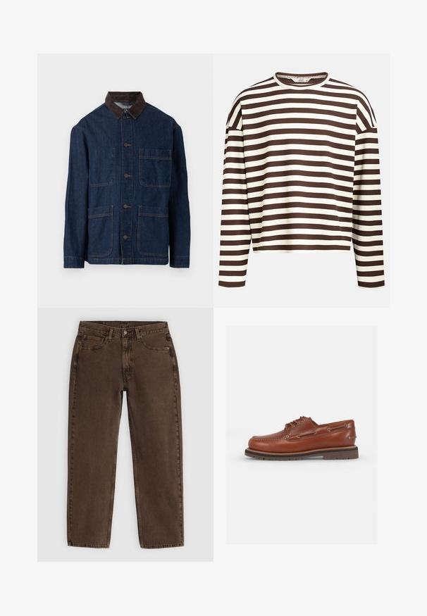 Veste en denim bleu foncé avec un col en velours côtelé marron, dotée d'une fermeture à boutons à l'avant et de quatre poches. Coutures renforcées visibles.; Haut à manches longues rayé marron et crème avec un col rond, texture côtelée et coutures d'épaule abaissées, présentant une coupe cropped.; Jean en denim marron avec une coupe droite, cinq poches, fermeture à bouton à l'avant et un minimum de détails de couture. Texture douce avec une finition mate.; Bottines en cuir marron avec une pointe arrondie, un design à lacets et des œillets en métal. Semelle texturée pour l'adhérence. Style classique et décontracté.