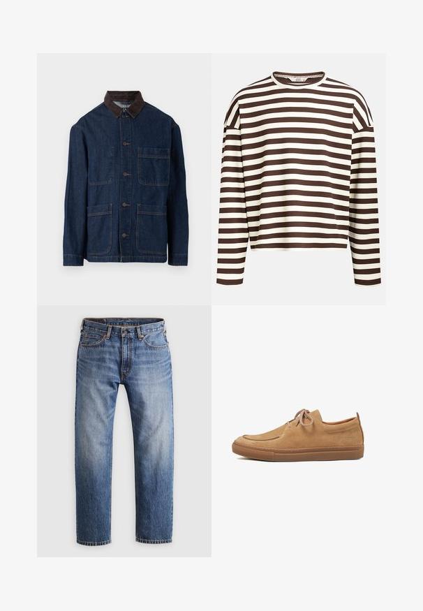 Giacca di denim di colore blu scuro con colletto in corduroy marrone, presentante chiusura frontale con bottoni e quattro tasche. Cuciture rinforzate visibili.; Maglietta a maniche lunghe a righe marroni e crema con scollatura rotonda, texture a costine e cuciture delle spalle abbassate, caratterizzata da un taglio cropped.; Jeans in denim blu a gamba dritta con chiusura a bottone e cerniera, cinque tasche e cuciture arancioni su uno sfondo grigio chiaro.; Scarpe casual in camoscio color cuoio con punta arrotondata, chiusura con lacci e suola in gomma. Presentano dettagli di cucitura e un piccolo logo sul lato.