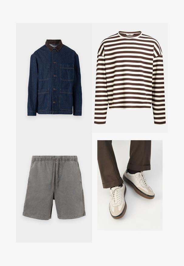 Tumši zilā džinsa jaka ar brūnu korduroja apkakli, ar priekšējo pogu aizdari un četrem kabatām. Redzama pastiprināta šuvju apstrāde.; Brūns un krēmkrāsas svītrainais krekls ar garām piedurknēm, noapaļotu kakla izgriezumu, ribotu tekstūru un nokritušiem plecu šuvēm, ar īsu griezumu.; Pelēki kokvilnas šorti ar elastīgu jostu un auklu, taisns griezums un vienas sānu kabatas. Gluda tekstūra un ikdienišķs dizains.; Beidzī lasi ar strukturētu zamšādu priekšpusi, gludiem ādas sāniem un brūnu gumijas zoli. Iekļauti auklas un viegla šuvuma detaļas.