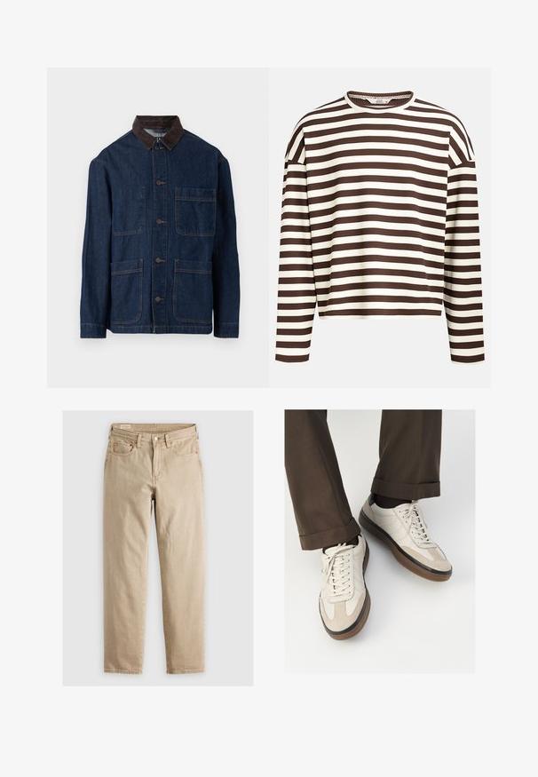 Tamsiai mėlynas džinsinis švarkas su rudomis velveto apykaklėmis, turintis priekinį užsegimą mygtukais ir keturis kišenių. Matoma sutvirtinta siūlė.; Rudas ir kreminės spalvos juostuota ilgų rankovių palaidinė su apvaliu iškirpimu, raftu tekstūra ir nuleistais pečių siūlėjais, pasižyminti trumpu siluetu.; Bežiniai džinsai su tiesiu kirpimu, turintys penkis kišenes, priekinį užsegimą su mygtuku ir subtilius siuvinėjimo akcentus. Lygus tekstūra, kasdieniškas dizainas.; Bežiniai sportbačiai su tekstūruotu zomšinės priekine dalimi, lygiomis odinėmis šoninėmis dalimis ir ruda guminėmis padais. Į komplektą įeina juostelės ir šviesūs siuvimo detalės.