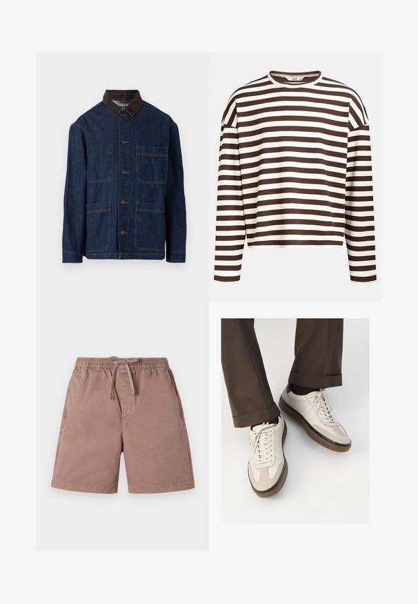 Tumši zilā džinsa jaka ar brūnu korduroja apkakli, ar priekšējo pogu aizdari un četrem kabatām. Redzama pastiprināta šuvju apstrāde.; Brūns un krēmkrāsas svītrainais krekls ar garām piedurknēm, noapaļotu kakla izgriezumu, ribotu tekstūru un nokritušiem plecu šuvēm, ar īsu griezumu.; Gaiši brūni šorti, kas izgatavoti no mīksta auduma ar elastīgu jostu un aukliņu. Iekļauti sānu kabatas un brīvas formas dizains.; Beidzī lasi ar strukturētu zamšādu priekšpusi, gludiem ādas sāniem un brūnu gumijas zoli. Iekļauti auklas un viegla šuvuma detaļas.