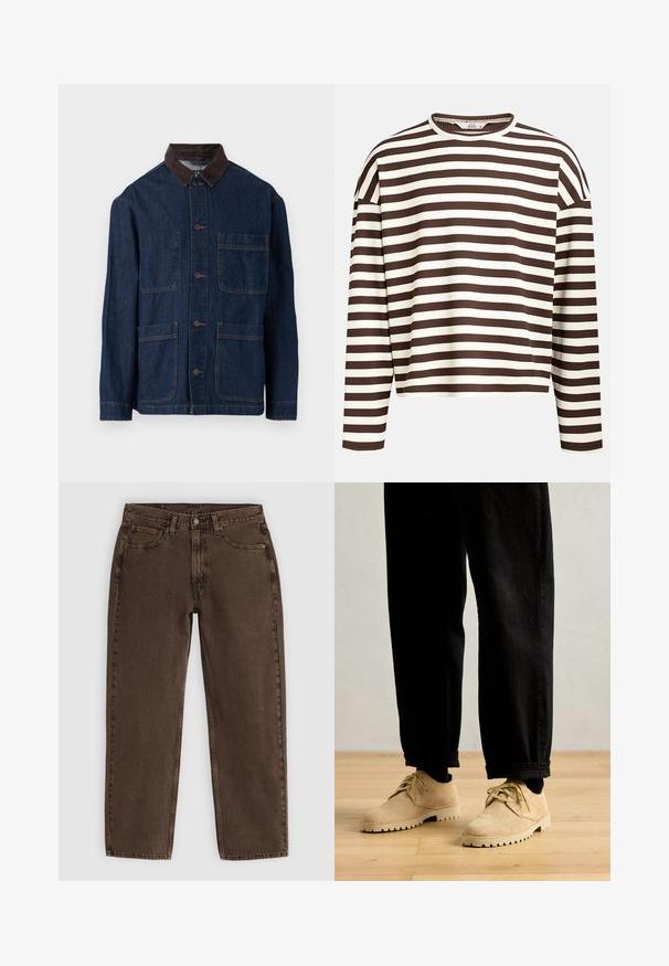 Jeansjacka i mörkblått med krage i brunt manchester, med framslutning med knappar och fyra fickor. Förstärkt sömnad synlig.; Brun och krämrandig långärmad topp med rund halsringning, ribbad struktur och sänkta axelsömmar, med en kortad skärning.; Bruna denimjeans med rak skärning, fem fickor, framknäppning och minimal sömdetalj. Mjuk textur med matt finish.; Clarks Originals DESERT ROCK LO - Sportiga snörskor - maple