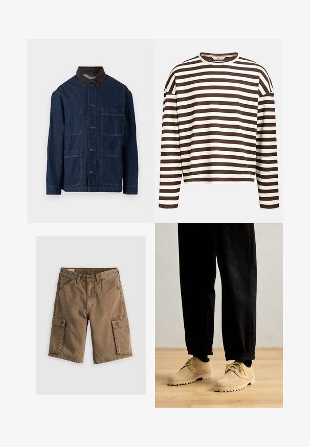 Dunkelblaue Jeansjacke mit einem braunen Cordkragen, ausgestattet mit einer vorderen Knopfleiste und vier Taschen. Sichtbare verstärkte Nähte.; Braun- und cremefarbener gestreifter Langarmoberteil mit einem runden Halsausschnitt, gerippter Textur und abfallenden Schulternähten, der eine cropped Passform hat.; Braune Cargo-Shorts aus Baumwolle mit zwei seitlichen Taschen mit Klappen, einem Knopfverschluss am Bund und lockerem Schnitt. Glatte Textur.; Clarks Originals DESERT ROCK LO - Sportlicher Schnürer - maple