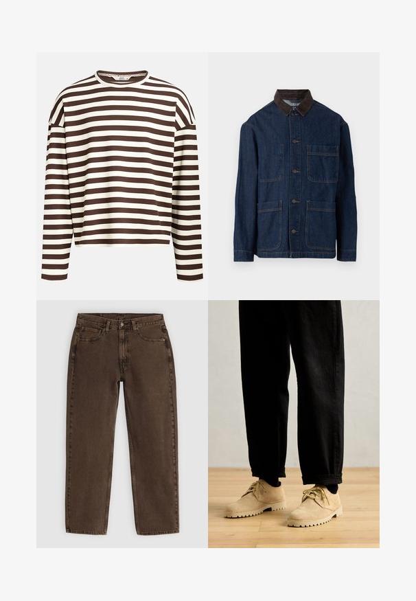 Dunkelblaue Jeansjacke mit einem braunen Cordkragen, ausgestattet mit einer vorderen Knopfleiste und vier Taschen. Sichtbare verstärkte Nähte.; Braun- und cremefarbener gestreifter Langarmoberteil mit einem runden Halsausschnitt, gerippter Textur und abfallenden Schulternähten, der eine cropped Passform hat.; Braune Denim-Jeans mit geradem Schnitt, fünf Taschen, Knopfverschluss vorne und minimalen Nähdetails. Weiche Textur mit matter Oberfläche.; Clarks Originals DESERT ROCK LO - Sportlicher Schnürer - maple
