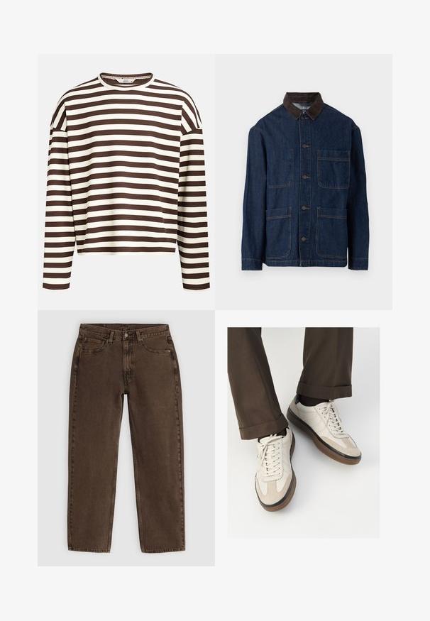 Donkerblauwe spijkerjack met een bruine corduroy kraag, voorzien van een knoopsluiting aan de voorkant en vier zakken. Verstevigde stiksels zichtbaar.; Bruin en crèmekleurig gestreept langärmige top met een ronde halslijn, geribbelde textuur en verlaagde schoudernaden, met een cropped snit.; Bruine denim jeans met een rechte pasvorm, vijf zakken, sluiting met een voorste knoop en minimale stikdetails. Zachte textuur met een matte afwerking.; Beige sneakers met een leren voorkant van textuur-suède, gladde leren zijkanten en een bruine rubberen zool. Veters en lichte stikseldetails inbegrepen.