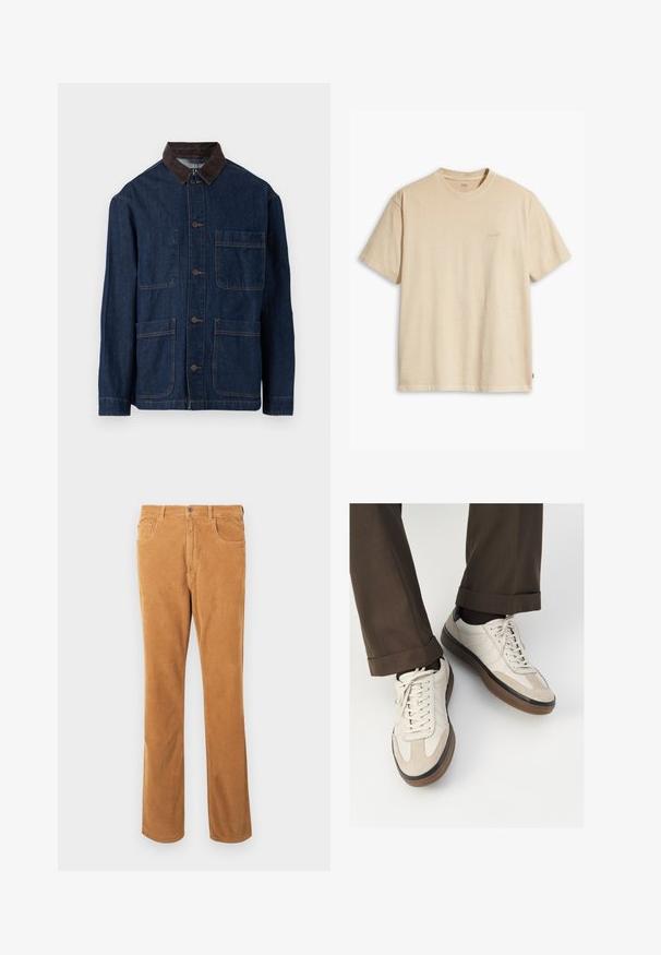 Giacca di denim di colore blu scuro con colletto in corduroy marrone, presentante chiusura frontale con bottoni e quattro tasche. Cuciture rinforzate visibili.; T-shirt in cotone beige con collo rotondo e maniche corte. Presenta un sottile logo "Levi's" dello stesso colore sul petto. Tessuto morbido.; Pantaloni in velluto a coste color marrone chiaro con design classico a cinque tasche e chiusura con bottone, esposti in piano su sfondo bianco.; Sneakers beige con una parte anteriore in suede testurizzato, lati in pelle liscia e una suola in gomma marrone. Inclusi lacci e dettagli di cucitura leggera.