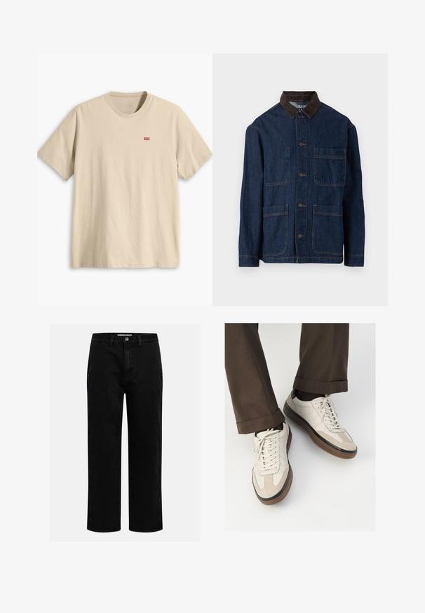 Tamsiai mėlynas džinsinis švarkas su rudomis velveto apykaklėmis, turintis priekinį užsegimą mygtukais ir keturis kišenių. Matoma sutvirtinta siūlė.; Sviestinis medvilnės marškinėliai su trumpomis rankovėmis, apvaliu kaklu ir mažuoju raudonu Levi's logotipu kairėje krūtinės pusėje. Lygus paviršius, laisvas kirpimas.; Juodi džinsai su tiesiu kirpimu, klasikinio penkių kišenių dizainu ir mygtuko užsegimu juosmens zonoje. Lygus tekstūras ir patvari medžiaga.; Bežiniai sportbačiai su tekstūruotu zomšinės priekine dalimi, lygiomis odinėmis šoninėmis dalimis ir ruda guminėmis padais. Į komplektą įeina juostelės ir šviesūs siuvimo detalės.