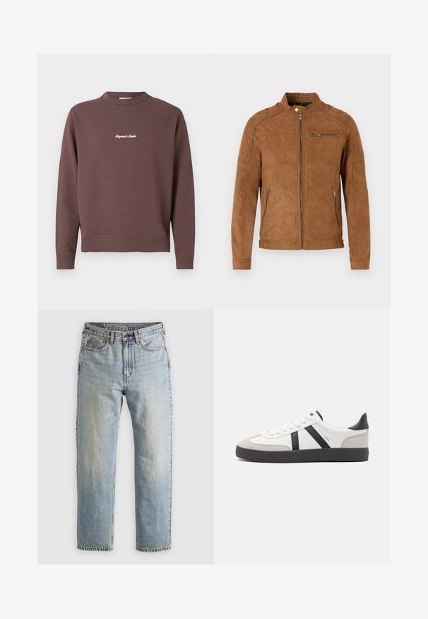 Karamellpruun nubukjope, millel on seisev krae, esine lukuga kinnisemine, kaks küljetaskut ja üks lukuga rinnatasku. Sile tekstuur, minimalistlik disain.; Pruun sweatshirt, millel on ümmargune kaelus, soonikkoes allääre ja varrukaotsade juures. Rinnal on valge tikand "Original Studio". Puuvillasegu materjal.; Heledad hele sinine teksapükste kõrge vöökoht, ees nupuga, lukuga ja viie taskuga disain, asetatud tasasele neutraalsele taustale.; Valged tossud mustade ja hallide aktsentidega, tekstureeritud halli varbakattega, musta kummitald ja lamedad valged paelad. Puhtad jooned, minimalistlik stiil.