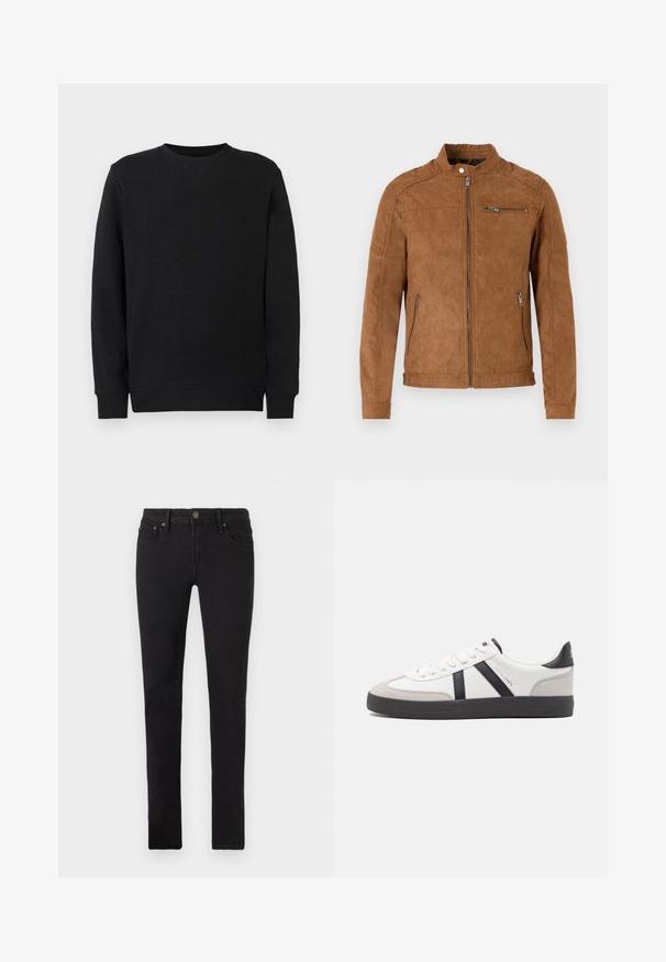 Karamellpruun nubukjope, millel on seisev krae, esine lukuga kinnisemine, kaks küljetaskut ja üks lukuga rinnatasku. Sile tekstuur, minimalistlik disain.; Must musta, millel on pikad varrukad, soonikkoesed ja äär, on välja pandud lihtsa valge tausta ees.; Mustad mustad sobrad, millel on viis taskut, nööbiga sulgemine ja vöölukud, asetatud tasasele valgele taustale.; Valged tossud mustade ja hallide aktsentidega, tekstureeritud halli varbakattega, musta kummitald ja lamedad valged paelad. Puhtad jooned, minimalistlik stiil.