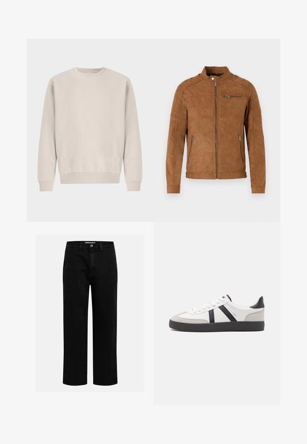 Veste en daim beige avec col montant, fermeture éclair à l'avant, deux poches latérales et une poche poitrine zippée. Texture lisse, design minimaliste.; Sweatshirt beige à col rond en coton doux, avec une coupe décontractée, des poignets et un ourlet côtelés, sans motifs ni éléments métalliques visibles.; Pantalons en denim noir avec une coupe droite, design classique à cinq poches et fermeture à bouton à la taille. Texture lisse et tissu durable.; Baskets blanches avec des accents noirs et gris, présentant un embout texturé gris, une semelle en caoutchouc noir et des lacets plats blancs. Design épuré, style minimaliste.