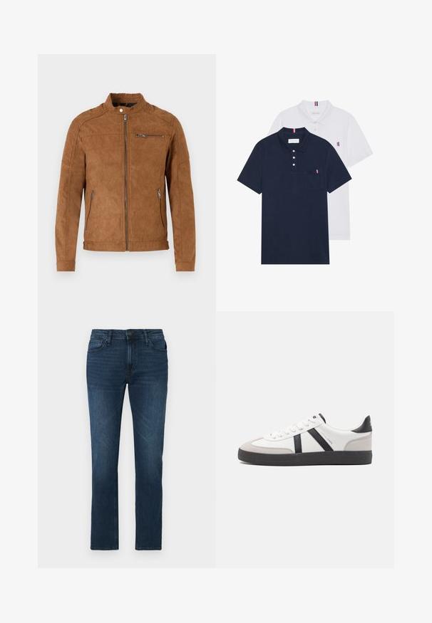 Barna nubuk bőr dzseki álló gallérral, elöl cipzáros záródással, két oldalsó zsebbel és egy cipzáras mellzsebbel. Simaságával és minimalista dizájnjával kiemelkedő darab.; Két pólóing: az egyik sötétkék, a másik fehér, mindkettőn kicsi piros, fehér és kék díszítés található a mellzsebből és a galléron.; Sötétkék farmernadrág egyenes szárú szabással, gombos és cipzáras záródással, öt zsebes kialakítással és finom kopásokkal az anyagon.; Fehér sneaker fekete és szürke részletekkel, textúrált szürke orr résszel, fekete gumitalppal és lapos fehér fűzőkkel. Tiszta dizájn, minimalista stílus.