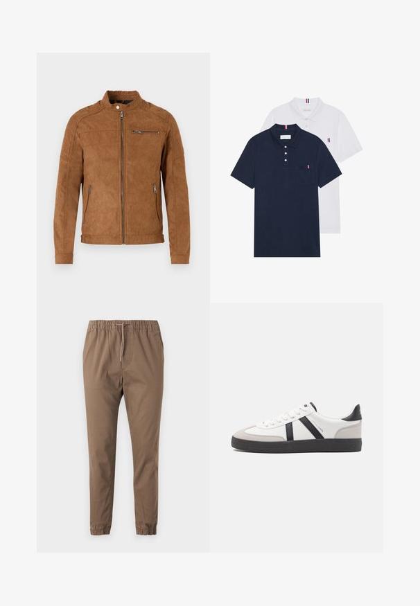 Veste en daim beige avec col montant, fermeture éclair à l'avant, deux poches latérales et une poche poitrine zippée. Texture lisse, design minimaliste.; Deux polos : un bleu marine et un blanc, tous deux avec un petit accent rouge, blanc et bleu sur la poche poitrine et le col.; Pantalons bruns à taille élastique avec cordon de serrage réglable, jambes fuselées et ourlets à revers. Tissu doux avec une texture lisse et sans motifs visibles.; Baskets blanches avec des accents noirs et gris, présentant un embout texturé gris, une semelle en caoutchouc noir et des lacets plats blancs. Design épuré, style minimaliste.