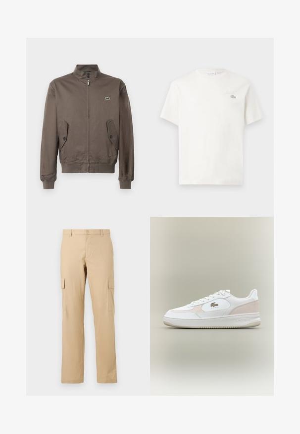 Ruda zip-up striukė su stovu, su užsegamomis kišenėmis, lanksčiomis rankovėmis ir apačia, bei mažu žaliu krokodilu ant krūtinės.; Balta medvilninė marškinėliai trumpomis rankovėmis, su subtiliu išsiuvinėtu logotipu ir minimalistišku dizainu. Minkšta tekstūra, apvalus kaklas.; Bežinės medvilninės krovinių kelnės su tiesiu kirpimu, turinčios šonines kišenes ir mygtuką juosmens užsegimui. Lycra tekstūra, be raštų.; Balti sportbačiai su lygia odos viršutine dalimi, zomšos akcentais ir guminiais padu. Yra reljefinis logotipas ir raištelių uždėjimo dizainas. Minimalistinis estetika.