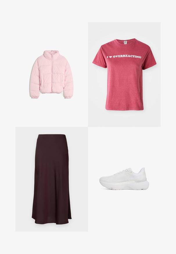 Light pink puffer jacket with high collar, front zipper, elastic cuffs, and two front pockets on a white background.; Maroon cotton t-shirt with short sleeves, featuring white text that reads "I ♥ OVERREACTING" across the chest. Simple, crew neck design.; Burgundy satin midi skirt with a smooth texture, a straight fit, and a slightly flared hem. No visible patterns or hardware details.; White athletic shoe featuring a textured mesh upper, padded collar, cushioned sole, and minimalistic design with tonal accents.