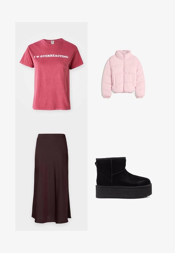 Světle růžová prošívaná bunda s vysokým límcem, předním zipem, elastickými manžetami a dvěma předními kapsami na bílém pozadí.; Marošové bavlněné tričko s krátkým rukávem, zdobené bílým textem "I ♥ OVERREACTING" na hrudi. Jednoduchý design s kulatým výstřihem.; Burgundská saténová midi sukně s hladkou texturou, rovného střihu a mírně rozšířeným lemem. Bez viditelných vzorů či kovových detailů.; Černé semišové kotníkové boty s tlustou platformou a měkkou podšívkou. Dokončeno švy a zadním poutkem pro snadné obléknutí.