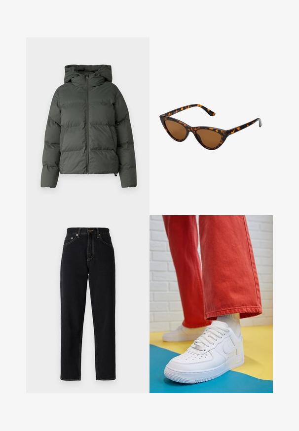 Puhasta jakna temno zelene barve, ki ima kapuco, zadrgo spredaj in quiltnato teksturo z vodoravnimi prešite. Gladek mat videz.; Rjav pleteni pulover z visokim rebrastim ovratnikom, širokimi rokavi in mehkobno teksturo. Ima sproščen kroj in rebraste detajle na rokavih.; Črne kavbojke iz denima s ravnim krojem, visokim pasom in kontrastnim šivanjem. Imajo pet žepov in zadrgo.; Beli usnjeni športni čevlji s perforiranim prstnim delom, teksturiranim podplatom in belimi vezalkami, v kombinaciji s širokimi rdečimi hlačami in modro-rumeno ozadje.; Mačje oči sončna očala z okvirom v črno-oranžni želvej ohišji, rjavimi lečami in elegantnimi, ostrimi konicami. Imajo minimalistični logo na ročaju.