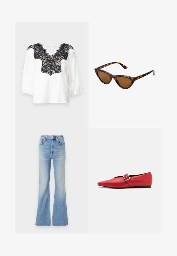 Giubbotto imbottito di colore verde scuro, con cappuccio, chiusura zip frontale e texture trapuntata con baffi orizzontali. Finitura opaca liscia.; Maglione grigio a taglio corto realizzato in tessuto testurizzato. Presenta un collo alto e due tasche anteriori con una vestibilità rilassata. Maniche lunghe.; Blusa bianca con dettagli in pizzo nero sul collo, caratterizzata da un taglio a V e maniche a sbuffo. Tessuto liscio con un intricato design in pizzo.; Jeans flared di colore blu chiaro in denim, dotati di vita alta, design a cinque tasche e una leggera sfumatura verso l'orlo.; Scarpa piatta in pelle rossa con punta affusolata, dotata di un cinturino laterale con fibbia in metallo e un tacco basso nero. Texture liscia su tutta la superficie.; Occhiali da sole cat-eye con una montatura tartarugata nera e arancione, lenti marroni e punte affusolate e eleganti. Presentano un logo minimale sulla asta.