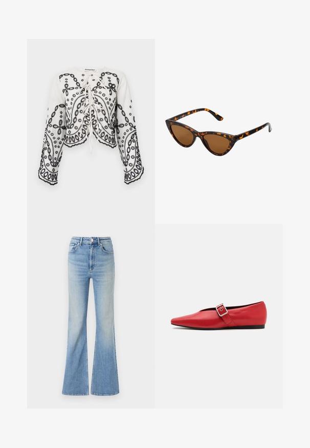 Tamsiai žalia pūkinė striukė, su gaubtu, užtrauktuku priekyje ir siuvinėtu paviršiumi su horizontaliais pūslėmis. Lygaus matinio paviršiaus.; Pilkos spalvos, trumpas megztinis, pagamintas iš tekstūruotos medžiagos. Turi aukštą apykaklę ir dvi priekinės kišenes bei laisvą siluetą. Ilgos rankovės.; Balta trumpa palaidinė su juodais išsiuviniais gėlių ir paisley raštais. Pasižymi apvaliu iškirpimu ir laisvomis ilgomis rankovėmis su banguotais kraštais.; Šviesiai mėlyni plačios kojų džinsai, pagaminti iš džinsinio audinio, su aukštu liemeniu, penkių kišenių dizainu ir subtiliu gradientiniu blukimu link apačios.; Raudoni odiniai butai su smailiu pirštu, turintys šoninius dirželius su metaline sagtimi ir žemu juodu kulnu. Glotni tekstūra visame paviršiuje.; Katės akies saulės akiniai su juodu ir oranžiniu šarvuotu rėmeliu, ruda objektyvu ir elegantiškais, smailiais galiukais. Rėmelyje yra minimalus logotipas ant šventės.; Juodas odinis dėkliukas su atvarteliu ir auksinės metalinės sagties detalėmis. Įeina juodas diržas ir elegantiškas, minimalistinis dizainas.