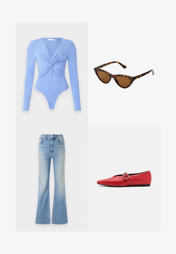 Puffjacke in Dunkelgrün, mit Kapuze, durchgehendem Reißverschluss und gestepptem Design mit horizontalen Baffles. Glatte, matte Oberfläche.; Grauer, gekürzter Pullover aus strukturiertem Stoff. Hat einen hohen Kragen und zwei vordere Taschen mit einem lässigen Schnitt. Lange Ärmel.; Langärmliger Bodysuit in Hellblau, mit V-Ausschnitt und verdrehtem Vorderteil. Der Stoff wirkt glatt und dehnbar, mit einem Tanga-Schnitt.; Helle blaue Schlagjeans aus Denim mit hoher Taille, fünf Taschen und subtilem Farbverlauf bis zum Saum.; Rote Leder-Ballerina mit einer spitzen Zehe, ausgestattet mit einem Seitenriemen mit einer Metallschnalle und einem niedrigen schwarzen Absatz. Glatte Textur über die gesamte Fläche.; Katzenaugen-Sonnenbrille mit einem schwarz-orangenen Schildpattrahmen, braunen Gläsern und schlanken, spitzen Enden. Verfügt über ein minimalistisches Logo am Bügel.