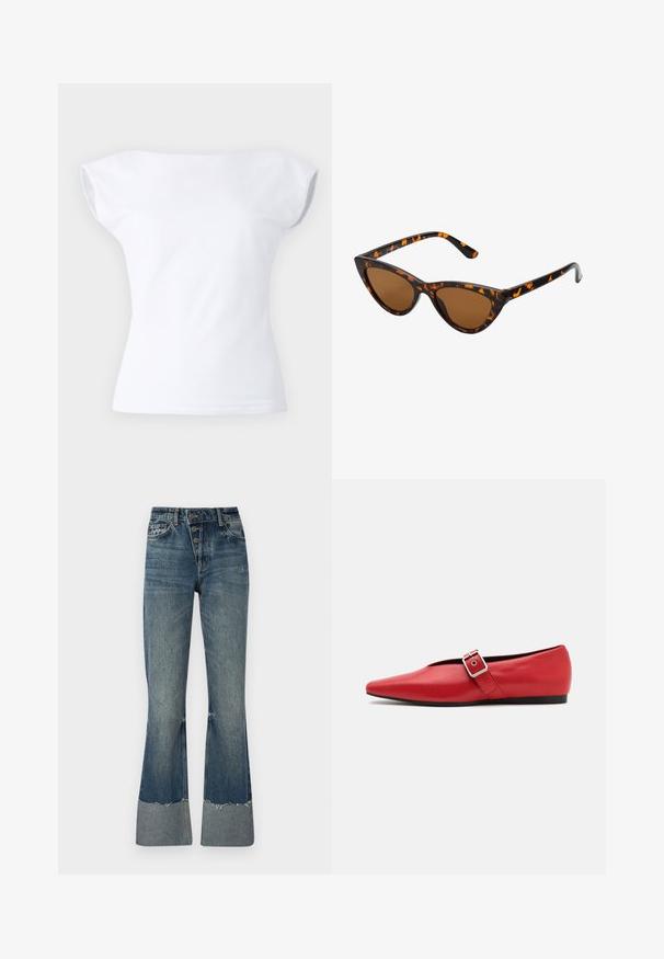 Giubbotto imbottito di colore verde scuro, con cappuccio, chiusura zip frontale e texture trapuntata con baffi orizzontali. Finitura opaca liscia.; Maglione grigio a taglio corto realizzato in tessuto testurizzato. Presenta un collo alto e due tasche anteriori con una vestibilità rilassata. Maniche lunghe.; Top bianco a maniche corte con design off-shoulder, realizzato in morbido cotone, caratterizzato da una texture liscia e una silhouette aderente.; Jeans a zampa d'elefante in denim blu medio con vita alta, cinque bottoni e orlo sfilacciato. Presentano un risvolto più chiaro in fondo e una texture sbiadita.; Scarpa piatta in pelle rossa con punta affusolata, dotata di un cinturino laterale con fibbia in metallo e un tacco basso nero. Texture liscia su tutta la superficie.; Occhiali da sole cat-eye con una montatura tartarugata nera e arancione, lenti marroni e punte affusolate e eleganti. Presentano un logo minimale sulla asta.