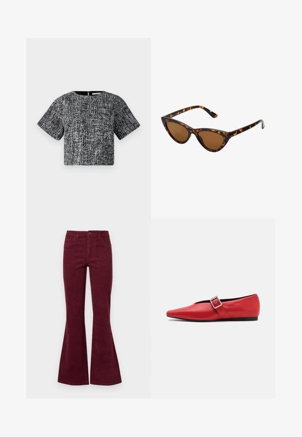 Tumši zaļš pūkains jaka ar kapuci, ar rāvējslēdzēju priekšā, un izšūtu tekstūru ar horizontālām daļām. Gluda matēta apdare.; Pelēks, īsais džemperis, izgatavots no teksturēta auduma. Tam ir augsts apkakles izgriezums un divas priekšējās kabatas ar brīvu piegriezumu. Garas piedurknes.; Melnā un baltā tekstūrētā audumā īsām piedurknēm apgriezts tops. Tam ir apaļa kakla izgriezums un slēpts aizmugurējais rāvējslēdzējs.; Burgundijas krāsas korduroja platu kāju džinsi ar pieciem kabatām, priekšējo pogu aizdari un teksturētu audumu. Platus kāju gali izplešas no ceļgala līdz hemam.; Sarkanais ādas plakanās kurpes ar smailu purngalu, ar sānu siksnu un metāla sprādzi, kā arī zemu melnu papēdi. Visa virsma ir gluda.; Kaķa acs saulesbrilles ar melnu un oranžu bruņurupuču rakstu rāmi, brūnām lēcām un elegantiem, norādītiem galiem. Rāmī ir minimālists logos uz tempļa.; Melnā hobo soma, kas izgatavota no gludas ādas līdzīga materiāla, ar savītu rokturi, ar mīkstu, noapaļotu formu un augšējo rāvējslēdzēju.