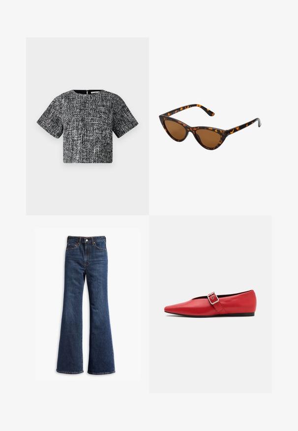 Puffjacke in Dunkelgrün, mit Kapuze, durchgehendem Reißverschluss und gestepptem Design mit horizontalen Baffles. Glatte, matte Oberfläche.; Grauer, gekürzter Pullover aus strukturiertem Stoff. Hat einen hohen Kragen und zwei vordere Taschen mit einem lässigen Schnitt. Lange Ärmel.; Kurzärmeliges, kurzes Oberteil aus schwarzem und weißem Textilgewebe. Es hat einen Rundhalsausschnitt und einen versteckten Reißverschluss auf der Rückseite.; Hochtaillierte dunkelblaue Jeans mit ausgestellten Beinen, Vorderknopf- und Reißverschluss sowie Fünf-Taschen-Design.; Rote Leder-Ballerina mit einer spitzen Zehe, ausgestattet mit einem Seitenriemen mit einer Metallschnalle und einem niedrigen schwarzen Absatz. Glatte Textur über die gesamte Fläche.; Katzenaugen-Sonnenbrille mit einem schwarz-orangenen Schildpattrahmen, braunen Gläsern und schlanken, spitzen Enden. Verfügt über ein minimalistisches Logo am Bügel.