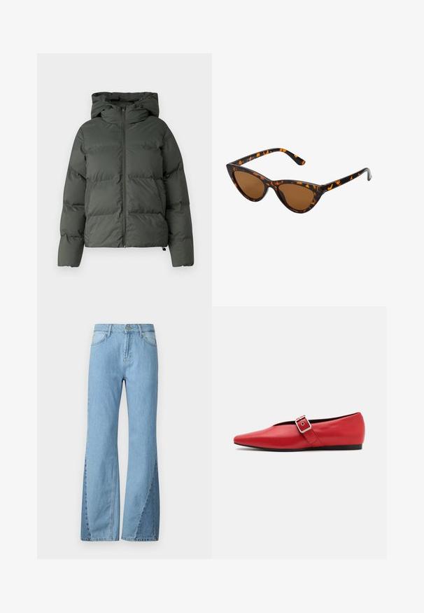 Tumši zaļš pūkains jaka ar kapuci, ar rāvējslēdzēju priekšā, un izšūtu tekstūru ar horizontālām daļām. Gluda matēta apdare.; Pelēks, īsais džemperis, izgatavots no teksturēta auduma. Tam ir augsts apkakles izgriezums un divas priekšējās kabatas ar brīvu piegriezumu. Garas piedurknes.; Gai zilās izplestās džinsos, kas izgatavoti no denima, ar augstu jostasvietu, sānu šuvju detaļām un klasisku piecu kabatu dizainu.; Sarkanais ādas plakanās kurpes ar smailu purngalu, ar sānu siksnu un metāla sprādzi, kā arī zemu melnu papēdi. Visa virsma ir gluda.; Kaķa acs saulesbrilles ar melnu un oranžu bruņurupuču rakstu rāmi, brūnām lēcām un elegantiem, norādītiem galiem. Rāmī ir minimālists logos uz tempļa.