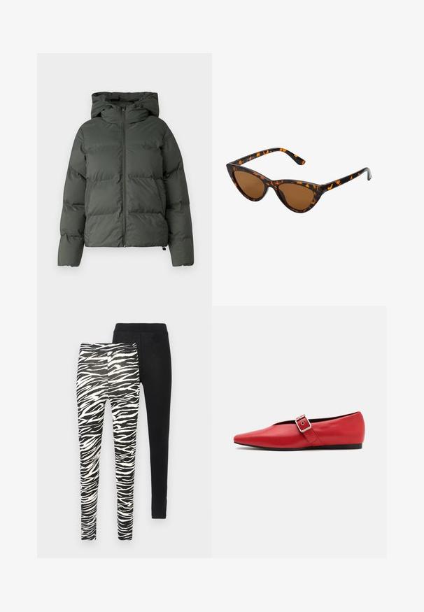 Patrika jakna tamnozelene boje, s kapuljačom, patentnim zatvaračem sprijeda i quiltanom teksturom s horizontalnim šavovima. Glatka mat površina.; Sivi, skraćeni duks izrađen od teksturirane tkanine. Ima visoki ovratnik i dva prednja džepa te ležeran kroj. Dugi rukavi.; Dva para tajica: jedan sa uzorkom crno-bijelih zebra pruga, a drugi u solidnoj crnoj boji. Obe imaju elastične pojasove.; Crvene kožne ravne cipele sa špicastim vrhom, koje imaju bočnu traku s metalnom kopčom i nizak crni potplat. Glatka tekstura kroz cijelu cipelu.; Sunglasses u obliku mačjih očiju s okvirom u crno-narančastom kornjačevom uzorku, smešnim lećama i elegatnim, šiljastim vrhovima. Sadrži minimalni logo na dršci.