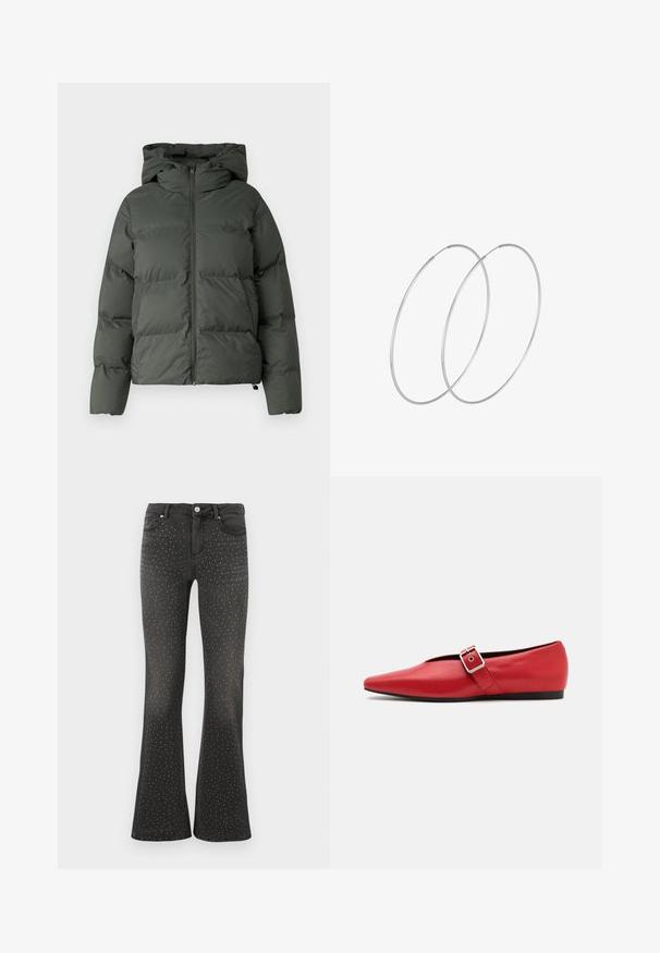 Kurtka puchowa w ciemnozielonym kolorze, z kapturem, zamkiem błyskawicznym z przodu oraz pikowaną teksturą z poziomymi przeszyciami. Gładkie matowe wykończenie.; Szary, krótki sweter wykonany z teksturowanej tkaniny. Posiada wysoki dekolt i dwie przednie kieszenie w luźnym kroju. Długie rękawy.; Czarne dżinsy w stylu dzwonów, wykonane z denimu, z białymi ćwiekami rozmieszczonymi na całej powierzchni. Wysoki stan z klasycznym pięcioma kieszeniami i zamkiem błyskawicznym.; Czerwone skórzane baleriny z wąskim noskiem, z bocznym paskiem z metalowym klamrą i niskim czarnym obcasem. Gładka tekstura na całej powierzchni.; Srebrne kolczyki w formie obręczy o minimalistycznym designie. Okrągły kształt, gładka faktura i cienki profil. Lekkie, z polerowanym wykończeniem.