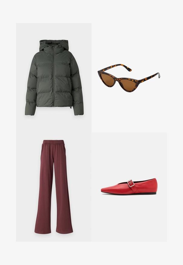 Puffjacke in Dunkelgrün, mit Kapuze, durchgehendem Reißverschluss und gestepptem Design mit horizontalen Baffles. Glatte, matte Oberfläche.; Grauer, gekürzter Pullover aus strukturiertem Stoff. Hat einen hohen Kragen und zwei vordere Taschen mit einem lässigen Schnitt. Lange Ärmel.; JJXX JXALLY REG WIDE PANTS - Jogginghose - sassafras; Rote Leder-Ballerina mit einer spitzen Zehe, ausgestattet mit einem Seitenriemen mit einer Metallschnalle und einem niedrigen schwarzen Absatz. Glatte Textur über die gesamte Fläche.; Katzenaugen-Sonnenbrille mit einem schwarz-orangenen Schildpattrahmen, braunen Gläsern und schlanken, spitzen Enden. Verfügt über ein minimalistisches Logo am Bügel.