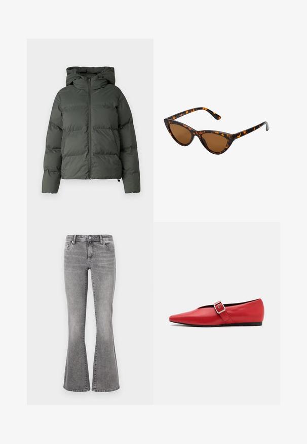 Doudoune verte foncée, dotée d'une capuche, d'une fermeture éclair à l'avant et d'une texture matelassée avec des boudins horizontaux. Fini lisse et mat.; Pull gris, court, fabriqué en tissu texturé. Présente un col montant et deux poches avant avec une coupe décontractée. Manches longues.; Jean flare en denim gris avec une taille mi-haute, cinq poches et un délavage. Comprend une fermeture à bouton et des passants de ceinture.; Ballerine en cuir rouge avec une pointe pointue, comportant une lanière sur le côté avec une boucle en métal et un petit talon noir. Texture lisse sur l'ensemble.; Lunettes de soleil style œil de chat avec une monture en écaille de tortue noire et orange, verres marron et pointes effilées et élégantes. Présente un logo minimaliste sur la branche.