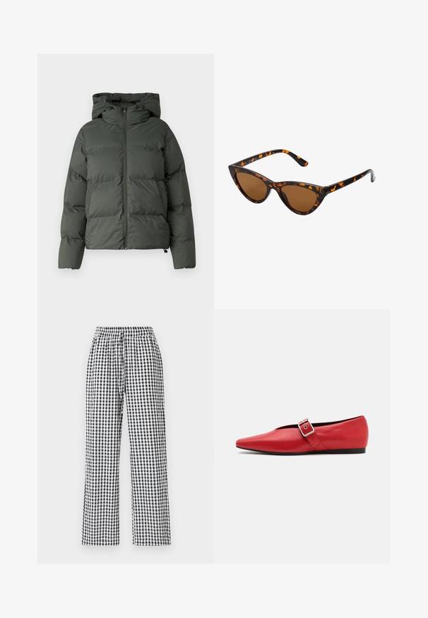 Tumši zaļš pūkains jaka ar kapuci, ar rāvējslēdzēju priekšā, un izšūtu tekstūru ar horizontālām daļām. Gluda matēta apdare.; Pelēks, īsais džemperis, izgatavots no teksturēta auduma. Tam ir augsts apkakles izgriezums un divas priekšējās kabatas ar brīvu piegriezumu. Garas piedurknes.; Melnas un baltas ģeometriskā raksta bikses ar brīvu piegriezumu, elastīgu jostasvietu un auklas detaļu. Audums ir gluds.; Sarkanais ādas plakanās kurpes ar smailu purngalu, ar sānu siksnu un metāla sprādzi, kā arī zemu melnu papēdi. Visa virsma ir gluda.; Kaķa acs saulesbrilles ar melnu un oranžu bruņurupuču rakstu rāmi, brūnām lēcām un elegantiem, norādītiem galiem. Rāmī ir minimālists logos uz tempļa.