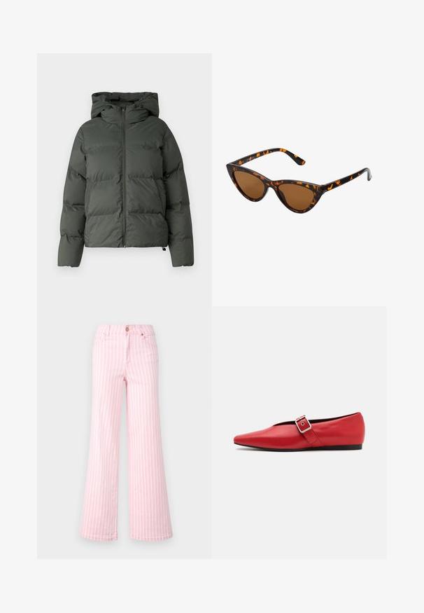 Tamsiai žalia pūkinė striukė, su gaubtu, užtrauktuku priekyje ir siuvinėtu paviršiumi su horizontaliais pūslėmis. Lygaus matinio paviršiaus.; Pilkos spalvos, trumpas megztinis, pagamintas iš tekstūruotos medžiagos. Turi aukštą apykaklę ir dvi priekinės kišenes bei laisvą siluetą. Ilgos rankovės.; Rožinės juostelės plačios kojos kelnės, pagamintos iš džinsinio audinio, su mygtukų uždarymu, priekinėmis kišenėmis ir lygia tekstūra. Vertikalios juostos skirtingo pločio.; Raudoni odiniai butai su smailiu pirštu, turintys šoninius dirželius su metaline sagtimi ir žemu juodu kulnu. Glotni tekstūra visame paviršiuje.; Katės akies saulės akiniai su juodu ir oranžiniu šarvuotu rėmeliu, ruda objektyvu ir elegantiškais, smailiais galiukais. Rėmelyje yra minimalus logotipas ant šventės.