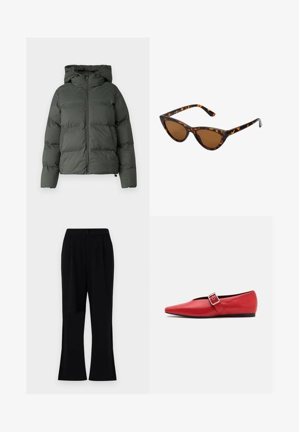 Chaqueta inflable en verde oscuro, con capucha, cierre frontal con cremallera y textura acolchada con baffles horizontales. Acabado mate suave.; Suéter gris cropped hecho de tela texturizada. Presenta un cuello alto y dos bolsillos frontales con un corte relajado. Mangas largas.; Pantalones negros con una textura suave, pierna acampanada y una cinturilla con cierre de botón. Lavables a máquina, diseñados para brindar comodidad y versatilidad.; Zapato plano de cuero rojo con punta afilada, que presenta una correa lateral con una hebilla de metal y un tacón bajo negro. Textura suave en toda su superficie.; Gafas de sol estilo ojo de gato con montura de carey negra y naranja, lentes marrones y puntas elegantes y afiladas. Presenta un logo minimalista en la patilla.