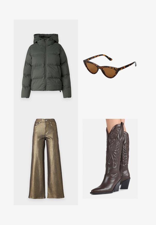 Tumedast rohelisest puhvjakist, millel on kapuuts, tõmblukuga eesmine osa ja tikanditega horisontaalsed baffle-id. Sile matt viimistlus.; Hallide, lühikese lõikega hall sviiter, mis on valmistatud tekstuuriga kangast. Omab kõrget kaelust ja kahte esist taskut ning on lõdva istuvusega. Pikkade varrukatega.; Laiad sääred teksad, mis on valmistatud metallik kuldsest kangast, millel on särav tekstuur. Omab kõrget vööd, ees olevaid taskuid ja klassikalist viie tasku disaini.; Pruunid nahast cowboy saapad terava varbaga ja plokk-kandaga, millel on detailne tikand ja kergelt tõstetud aktsendid varrel.; Kassi vormiga prillid musta ja oranži kilpkonnakujulise raami, pruunide läätsede ja elegantsete teravate otstega. Templi juures on minimaalne logo.