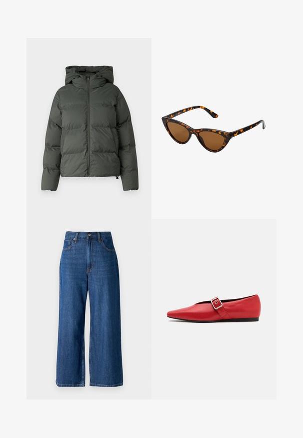 Pufferjack in donkergroen, met een capuchon, een ritssluiting aan de voorkant en een gequilt textuur met horizontale baffles. Gladde matte afwerking.; Grijze, korte trui gemaakt van textiel met een structuur. Heeft een hoge halslijn en twee voorzakken met een ontspannen pasvorm. Lange mouwen.; Wijdvallende denim jeans in diepblauw met subtiele vervaging, ritssluiting en voorkruiden. Beschikt over contrasterende stiksels en een standaard tailleband.; Rode leren platte schoen met een spitse neus, voorzien van een zijkant band met een metalen gesp en een lage zwarte hak. Gladde textuur overal.; Cat-eye zonnebril met een zwart en oranje schildpadframe, bruine lenzen en slanke, puntige uiteinden. Bevat een minimalistisch logo op de poot.