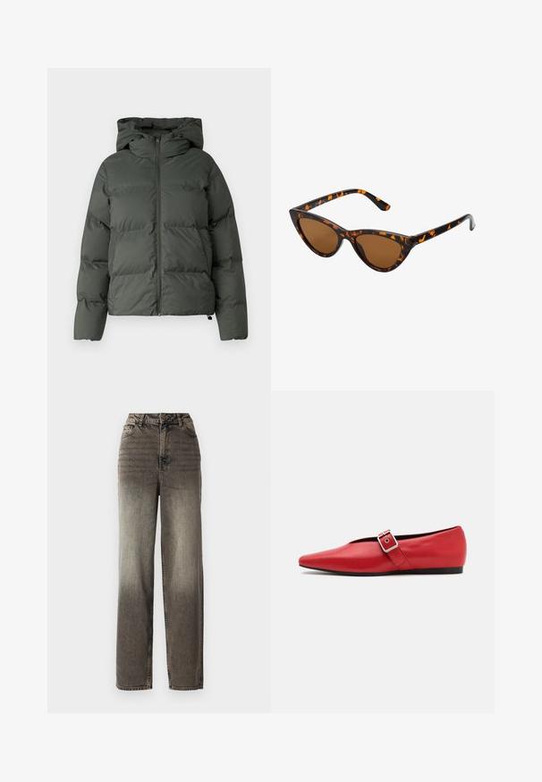 Tamsiai žalia pūkinė striukė, su gaubtu, užtrauktuku priekyje ir siuvinėtu paviršiumi su horizontaliais pūslėmis. Lygaus matinio paviršiaus.; Pilkos spalvos, trumpas megztinis, pagamintas iš tekstūruotos medžiagos. Turi aukštą apykaklę ir dvi priekinės kišenes bei laisvą siluetą. Ilgos rankovės.; Plati kojinės, pilkos džinsai su blukusiu džinsiniu apdaila. Yra aukštas liemuo, penkios kišenės ir klasikinis sagstymas. Tekstūruota medžiaga su matomomis siūlėmis.; Raudoni odiniai butai su smailiu pirštu, turintys šoninius dirželius su metaline sagtimi ir žemu juodu kulnu. Glotni tekstūra visame paviršiuje.; Katės akies saulės akiniai su juodu ir oranžiniu šarvuotu rėmeliu, ruda objektyvu ir elegantiškais, smailiais galiukais. Rėmelyje yra minimalus logotipas ant šventės.