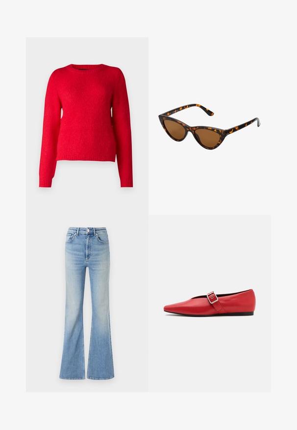 Puffer-takki tummanvihreänä, jossa on huppu, vetoketjukiinnitys ja tikattu pinta vaakasuuntaisilla kankailla. Sujuva mattapinta.; Vero Moda VMNOVAH O NECK  - Neule - salsa; Vaaleansiniset leveälahkeiset farkut, joissa on korkea vyötärö, viisi taskua ja hennosti haalistuva sävy kohti lahkeiden reunaa.; Punainen nahkainen tasapohjainen kenkä, jossa on terävä kärki, sivuhihna metalli soljella ja matala musta korko. Tasainen pintakäsittely.; Kattöga solglasögon med en svart och orange sköldpaddsmönstrad båge, bruna linser och slanka, spetsiga spetsar. Har en minimal logotyp på skalmen.