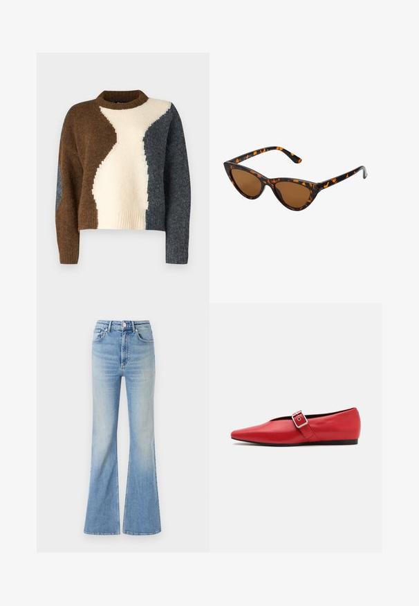 Puffjacke in Dunkelgrün, mit Kapuze, durchgehendem Reißverschluss und gestepptem Design mit horizontalen Baffles. Glatte, matte Oberfläche.; Farbblockiertes Sweatshirt in braunen, cremigen und dunkelgrauen Tönen. Hergestellt aus weichem Material mit ribbeltem Halsausschnitt und kurzer Form.; Helle blaue Schlagjeans aus Denim mit hoher Taille, fünf Taschen und subtilem Farbverlauf bis zum Saum.; Rote Leder-Ballerina mit einer spitzen Zehe, ausgestattet mit einem Seitenriemen mit einer Metallschnalle und einem niedrigen schwarzen Absatz. Glatte Textur über die gesamte Fläche.; Katzenaugen-Sonnenbrille mit einem schwarz-orangenen Schildpattrahmen, braunen Gläsern und schlanken, spitzen Enden. Verfügt über ein minimalistisches Logo am Bügel.